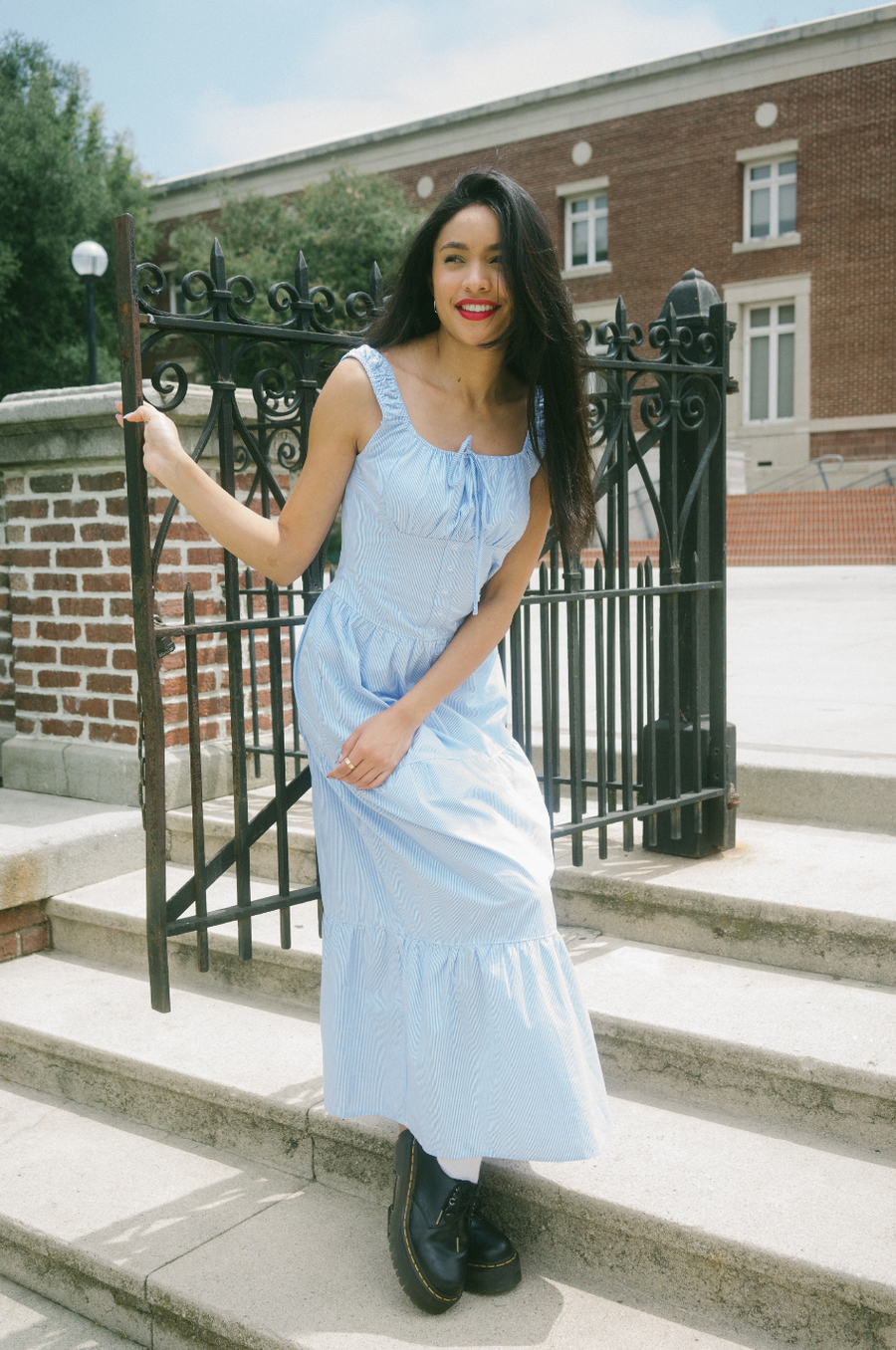 Gretal Dress in Pinstriped Blue