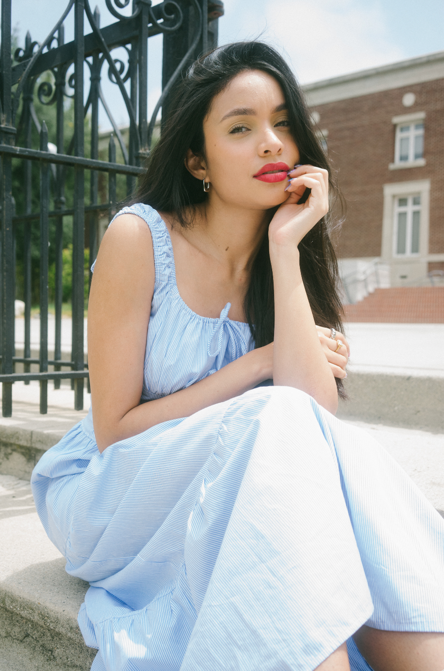 Gretal Dress in Pinstriped Blue